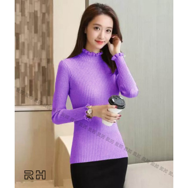 ORIGINAL RHcollections baju rajut kerah tinggi kriwil turtleneck wanita salur sweater wanita