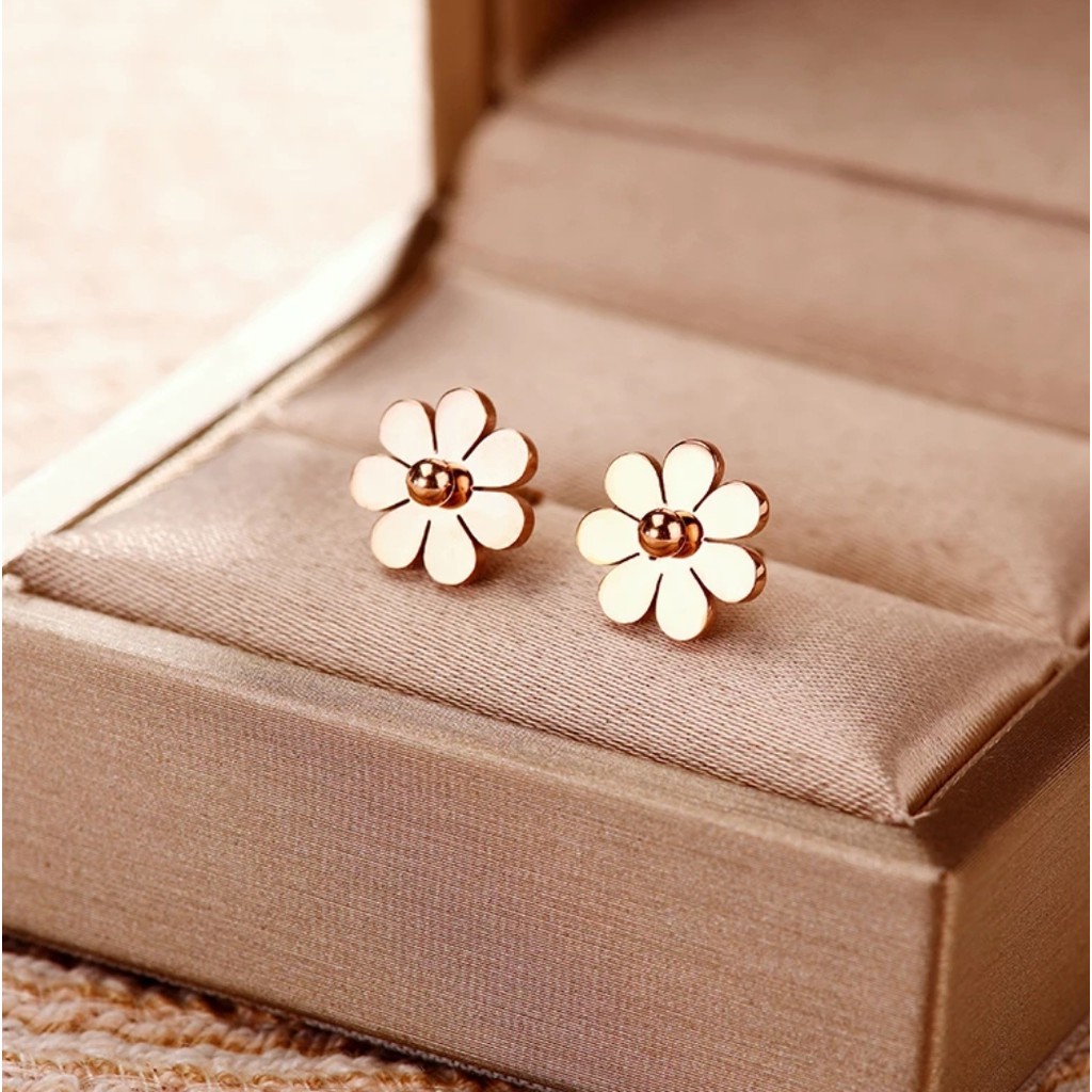 Anting Tusuk Titanium Aksen Bunga  Warna Steel Rose Gold, Gold dan Silver