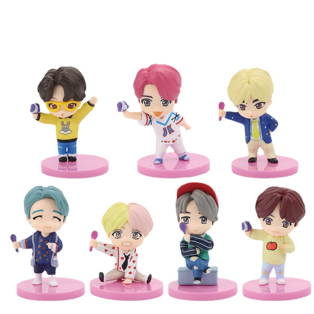 7pcs /set BTS TinyTAN Mini Figure Bangtan Boys Anime Figurine Mainan Boneka Hadiah Idol PVC Model Ornamen Kpop