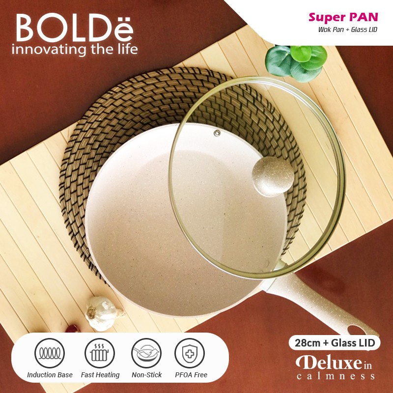BOLDE Panci Ceramic Granite 28 cm - Super Pan Wok 28 Cm + Tutup Kaca