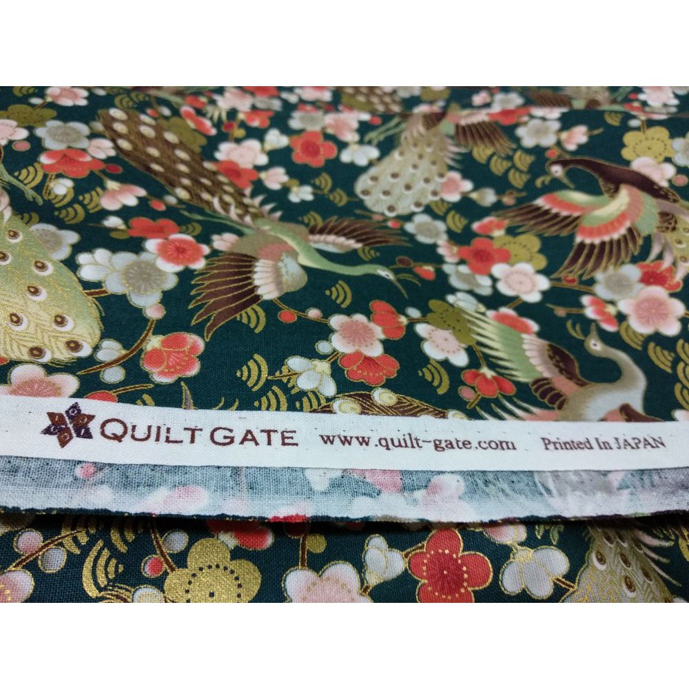 Kain Linen Katun Quilt Import Motif Jepang Peacock Merak Kecil Hijau