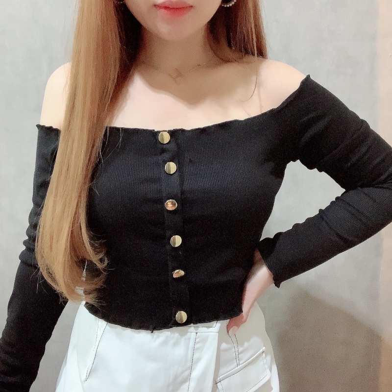 Knit Button Off Shoulder Long Sleeve | Sabrina Wanita Korean Fashion | Maimon Grosir