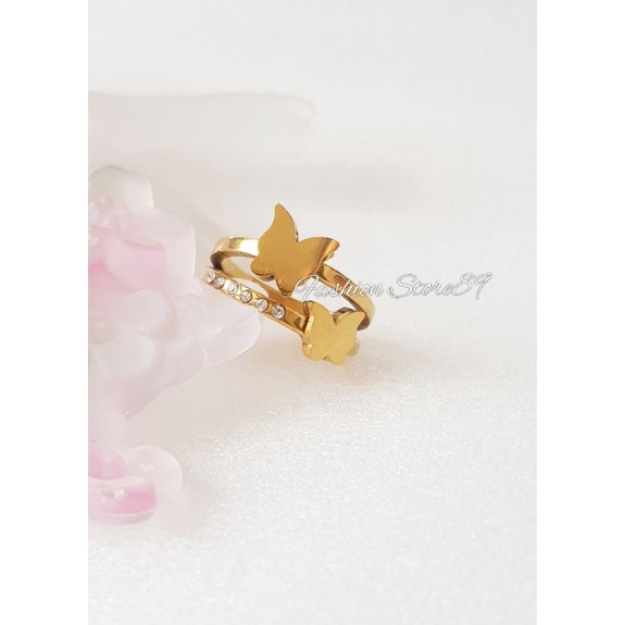 Cincin impor Buterfly ring Permata ring Fashion impor Titanium gold Kupu-kupu Ring Permata Fashion