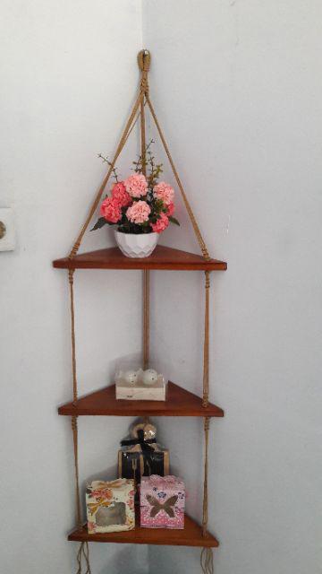 Rak Dinding Pot Tanaman Segitiga 3 Susun Varian Warna Tali Hitam Untuk Sudut Ruangan Minimalis