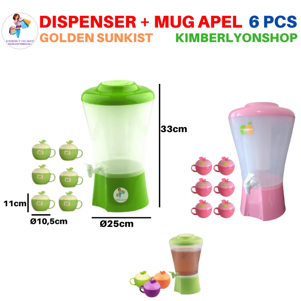 Dispenser Wadah minum Galon air Golden Sunkis Free Mug apel 6 pcs