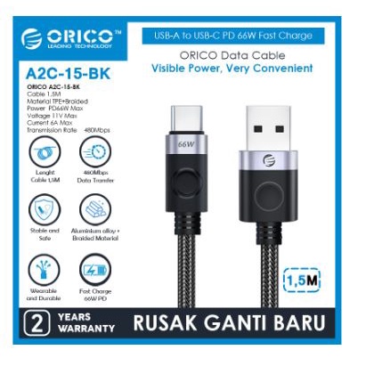 Cable charger Usb A to Type-c pd orico 1.5m 150cm 66w 6A 480Mbps fast charging aluminum braided A2c-15 - Kabel data Usb2.0 to usb-c 1.5 meter