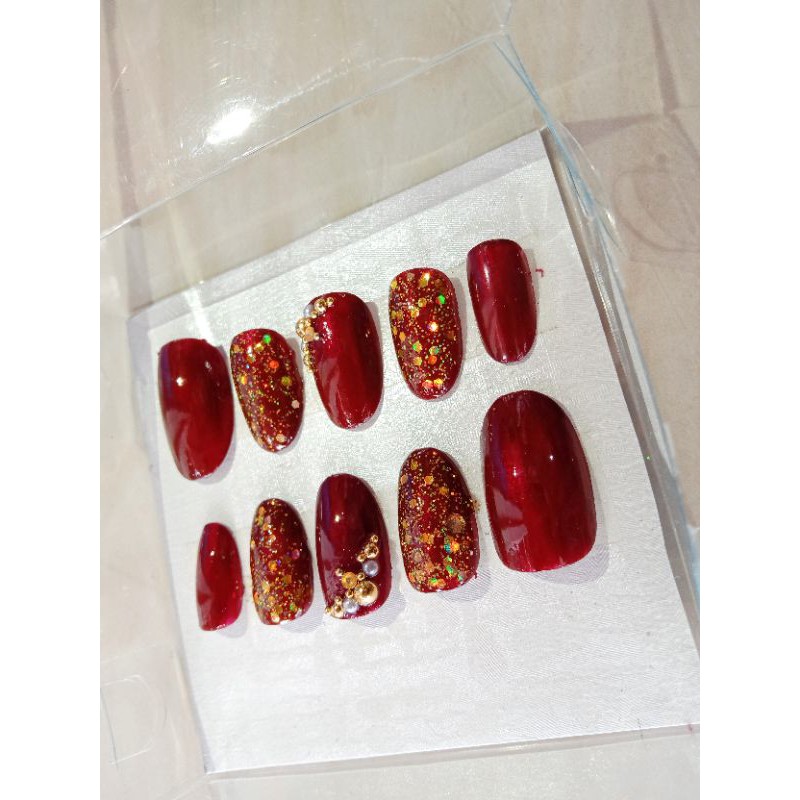 nail art wedding maroon gold/ kuku palsu maroon gold