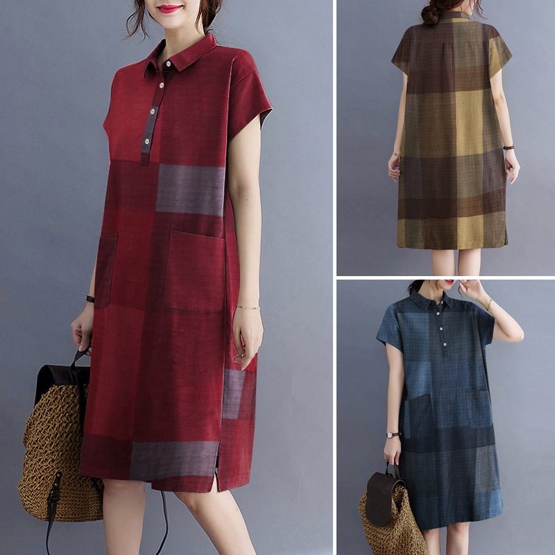 ZANZEA Womens Check Short Sleeve Turn-Down Collar Casual Loose Midi Dress