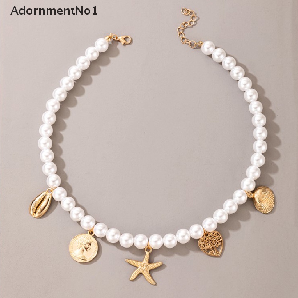 (AdornmentNo1) Kalung Rantai Dengan Liontin Bintang + Hati + Kerang + Mutiara Untuk Wanita / Musim Panas