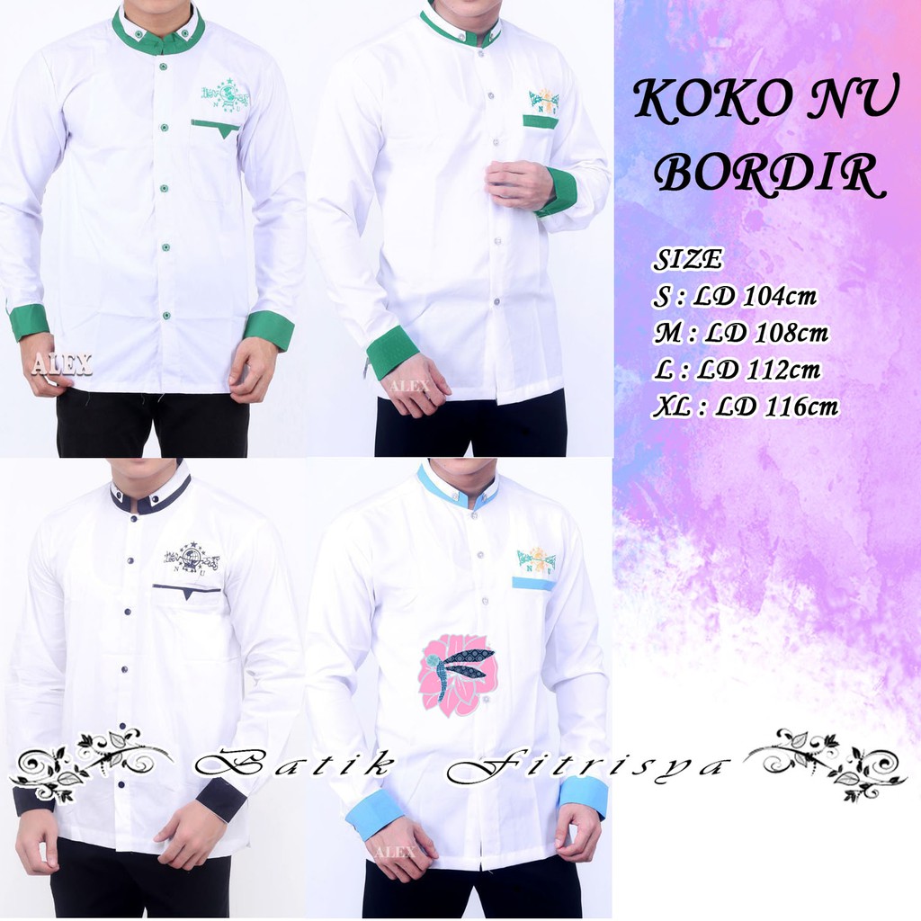 KEMEJA KOKO LENGAN PANJANG KOMBINASI MOTIF BATIK WARNA PUTIH NU