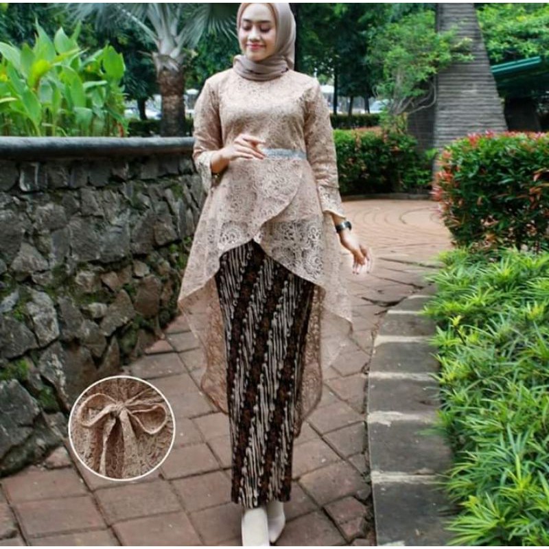 IndahKebaya | SET KEBAYA BROKAT TIARA / TUNIK BROKAT MUSLIMAH KEKINIAN / ROK PLISKET BATIK JUMBO