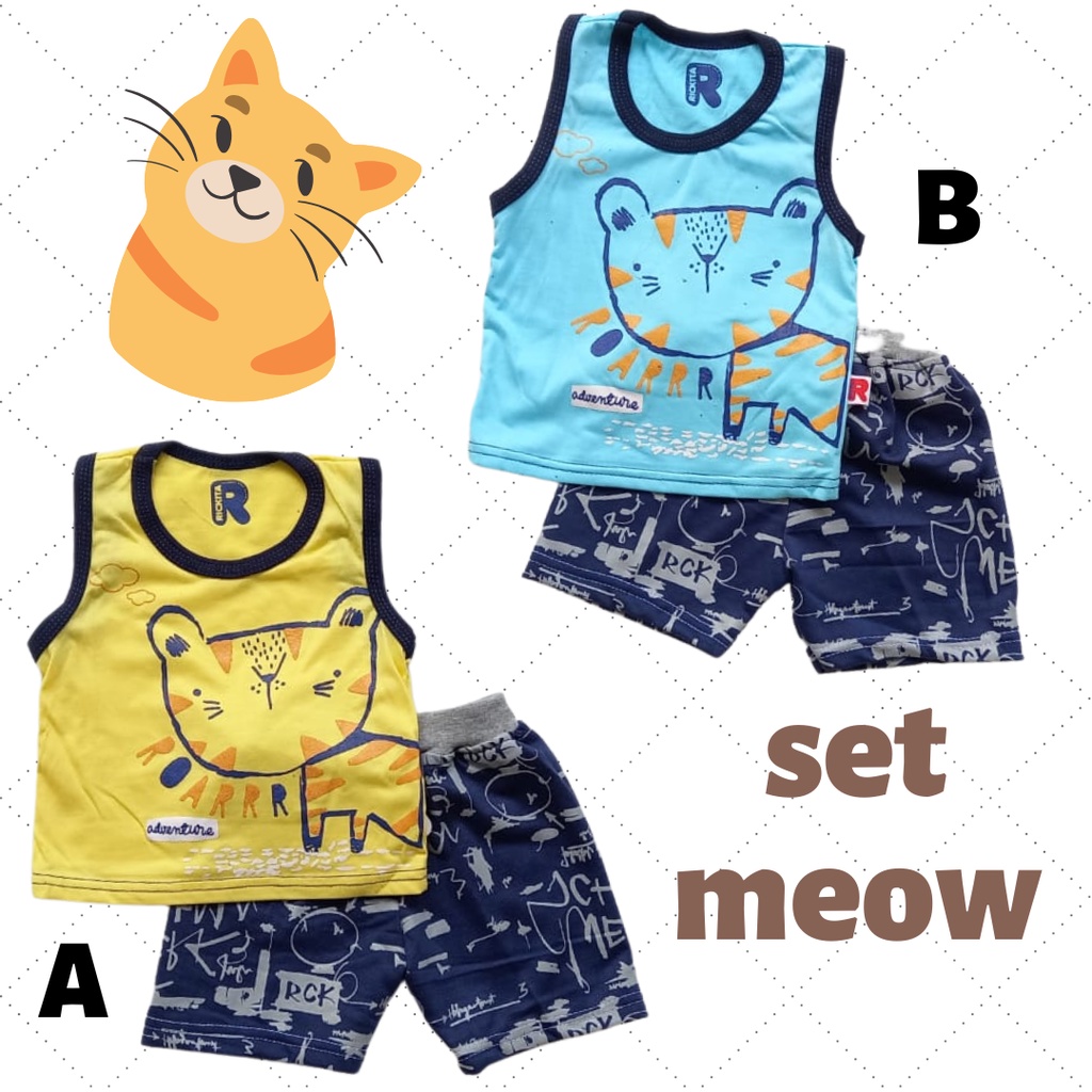Setelan Singlet Meow Anak Laki Laki (3-12bulan) Trendy/Baju Sehari-Hari Murah Terbaru N915 Rickita m
