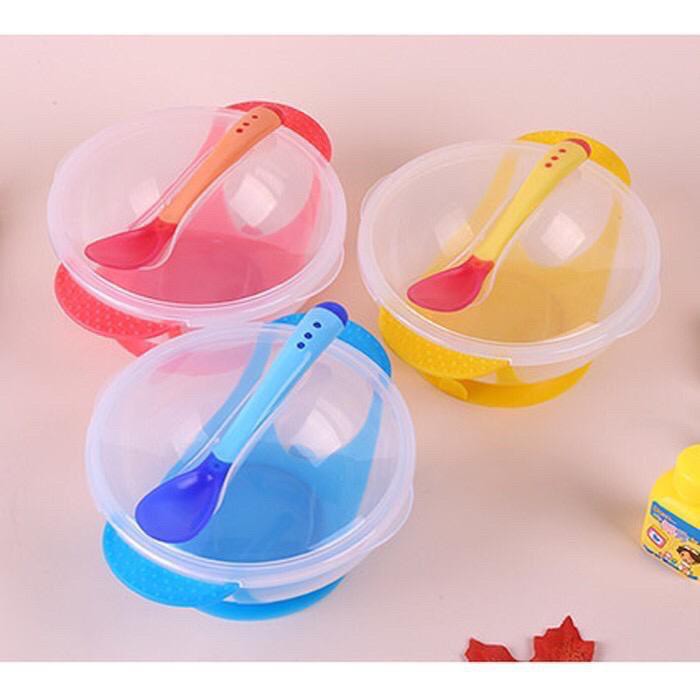 [FREE BUBBLE]  Mangkok Bayi Nempel/mangkok tutup sendok Dengan SENSOR PANAS &amp; ANTI SLIP  [1KG=5pcs]