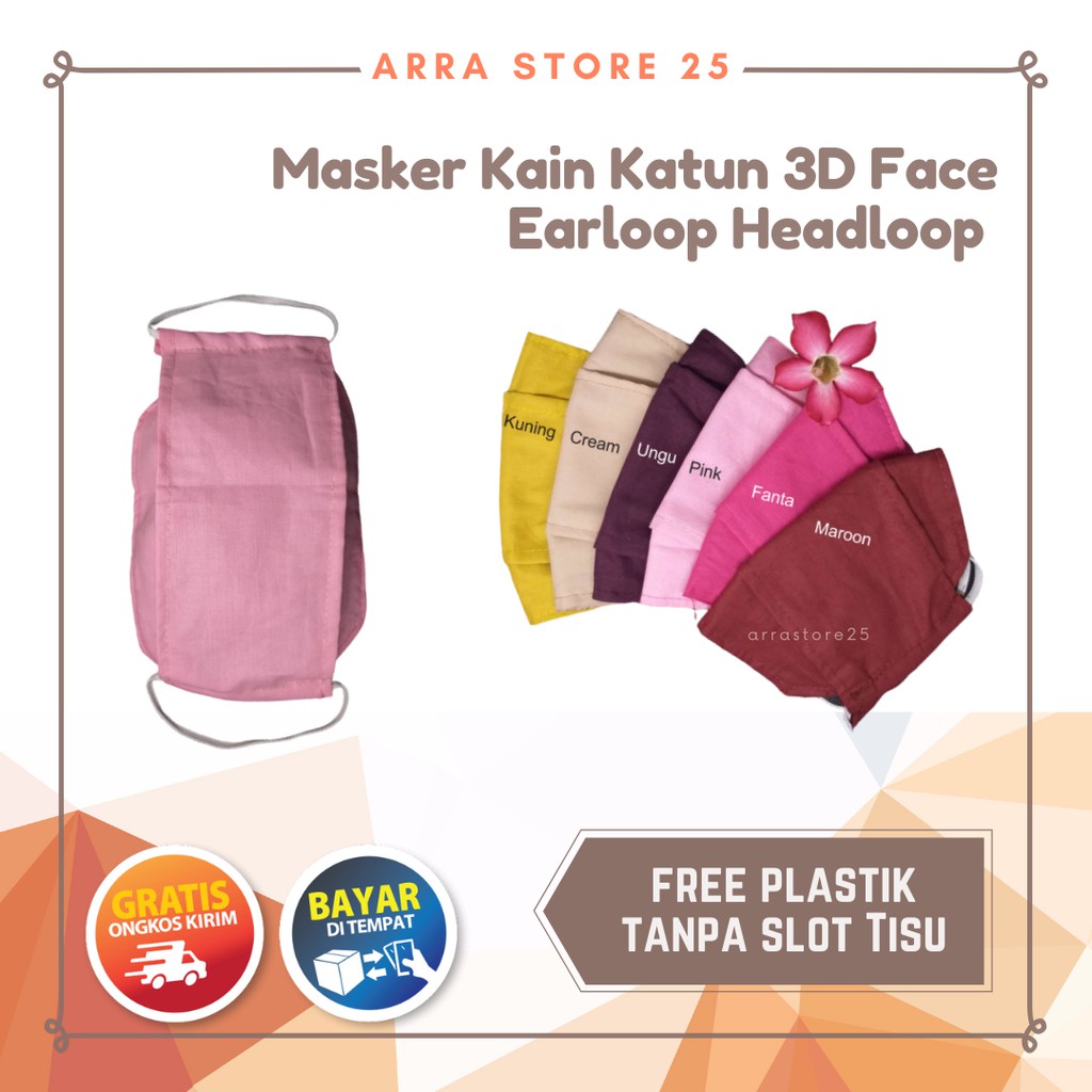 Masker Kain Katun 2 Lapis Model 3D Face Mask Tanpa Slot Tisu Earloop Dan Headloop