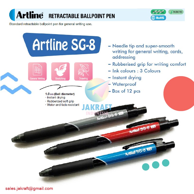 

(1 Pcs) Pulpen Bolpen Pen Klik Permanen ARTLINE SG-8 | SG8 Permanent Ballpoint 1.0 mm Waterproof