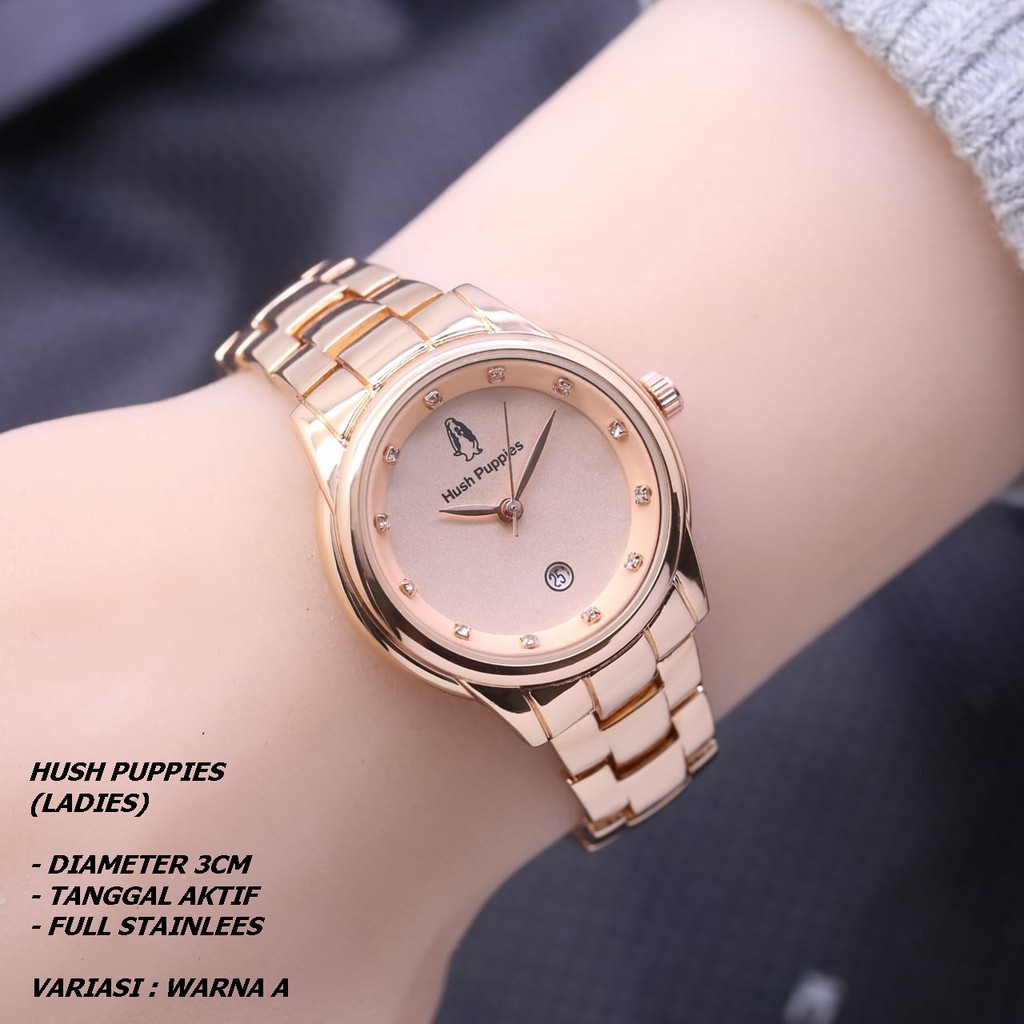 ( BISA COD ) JAM TANGAN WANITA HUSH PUPPIES RANTAI BODY BULAT TANGGAL AKTIF