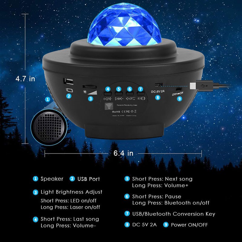 Lampu Proyektor Dengan Speaker Langit Malam Bintang Galaxy Nebula Lamp Starry Projector Light Lampu Tidur Proyektor 2in1