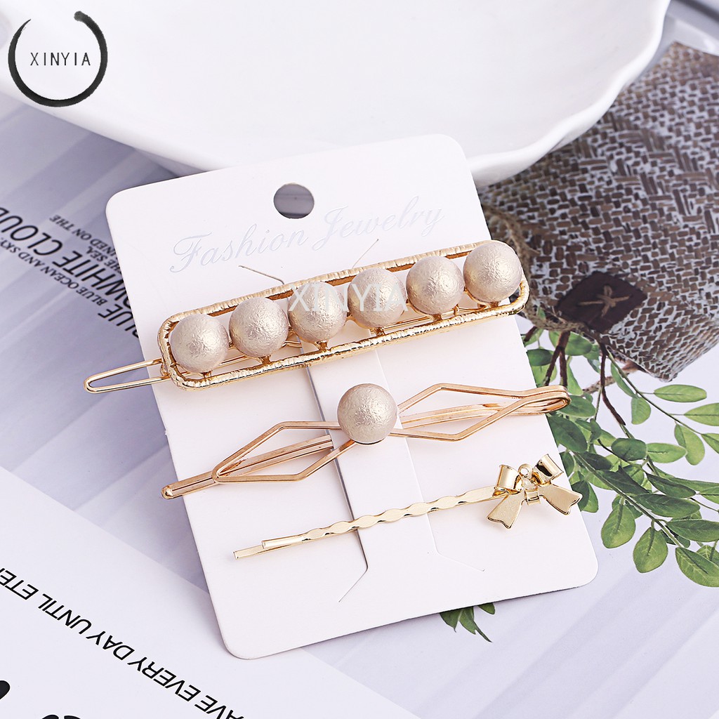 4Pcs / Set Klip Penjepit Rambut dengan Bahan Logam dan Mutiara Bergaya Korea