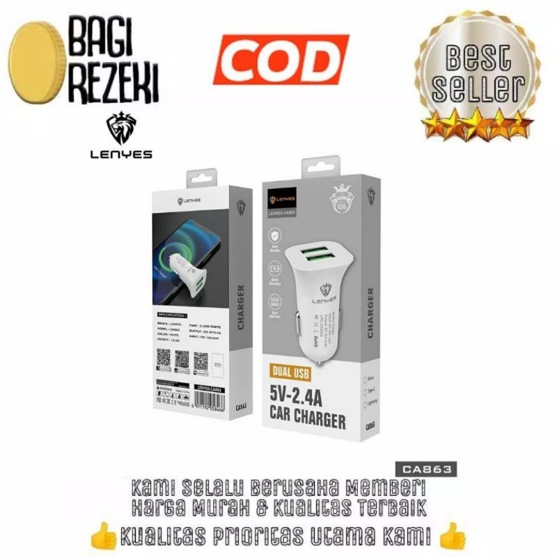 Charger Mobil Lenyes 2.4A CA -863 USB PORT Car Charger