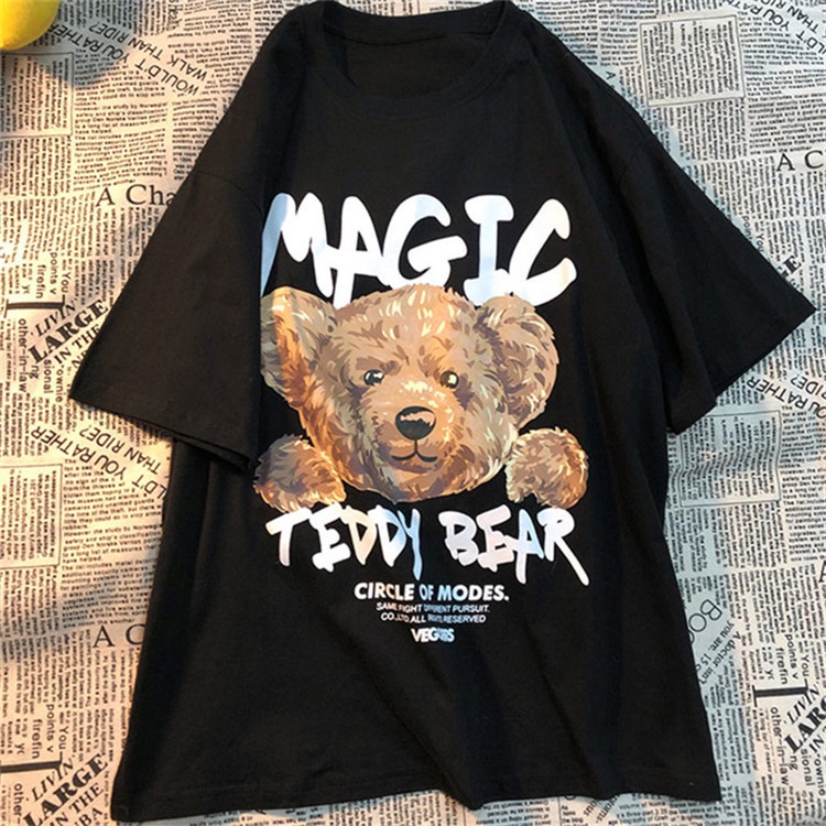 [littlecrab] Kaos Oversize Magic Teddy Bear Kaos Couple T-shirt Hitam Putih Circle Of Modes Kaos Berkualitas Korean Style