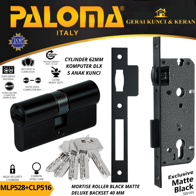 PALOMA MORTISE LOCK SET CYLINDER MLP 528 CLP 516 BODY KUNCI PELOR BACKSET 40MM CYLINDER 62MM KOMPUTER KEY HITAM BLACK MATTE