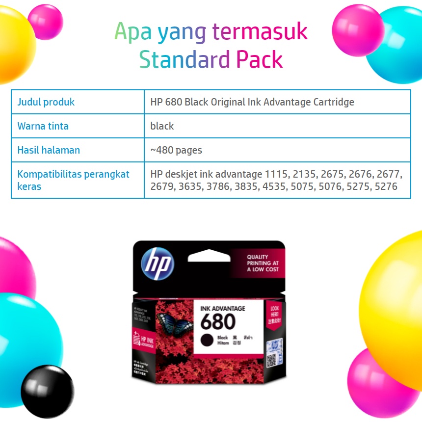 Tinta Printer HP Original 680 Black (F6V27AA)/ 2677, 3835