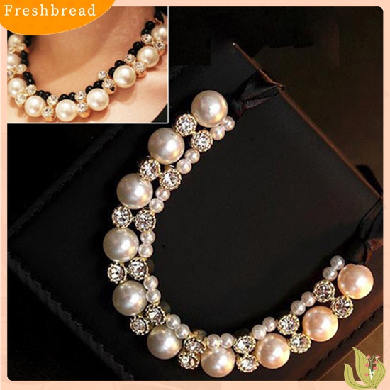 【Fresh】Women Fashion Double Row Faux Pearl Adjustable Ribbon Chain Choker Necklace