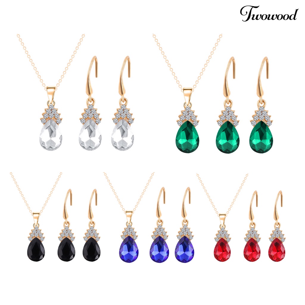 2pcs / Set Kalung Anting Bentuk Tetesan Air Bahan Tembaga Hias Kubik Zirkonia Untuk Pengantin