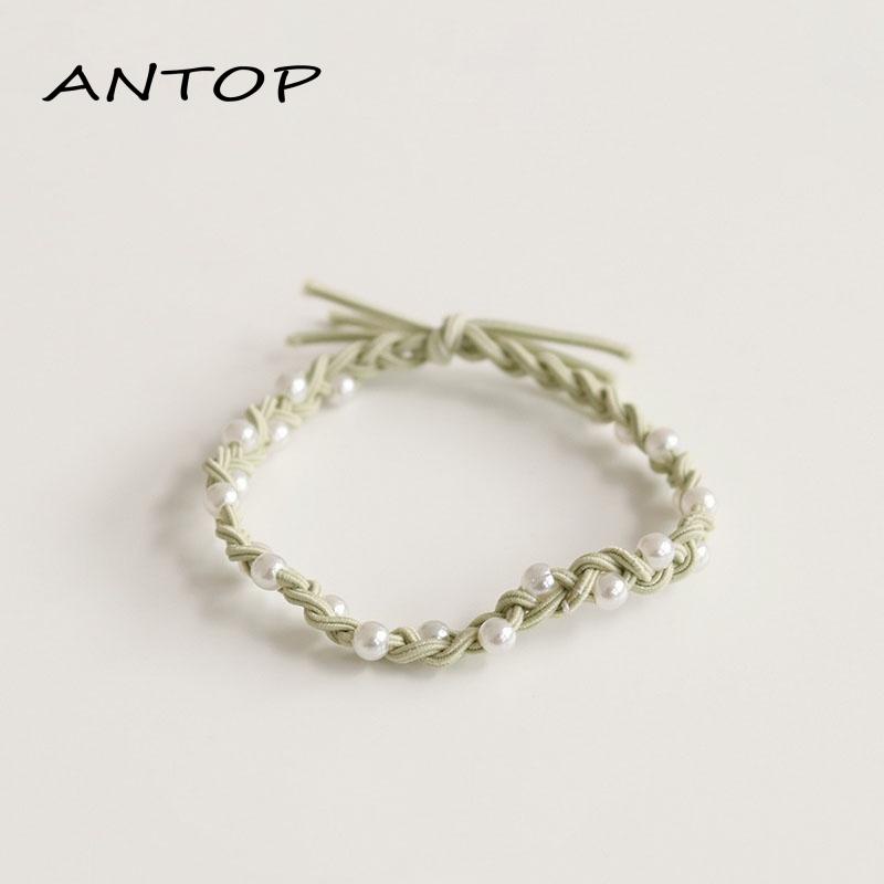 Aksesoris Gelang Rambut Bahan Karet Aksen Mutiara Warna Permen Untuk Wanita