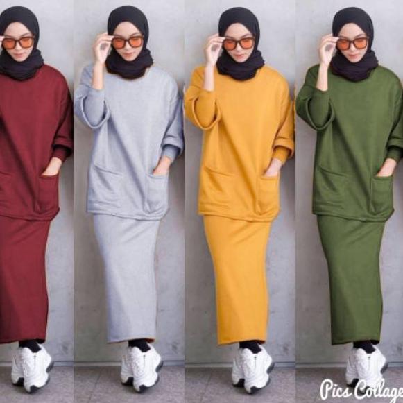 Setelan kaos rok span panjang bahan babytery hijau Army abu muda kuning Mustard maroon