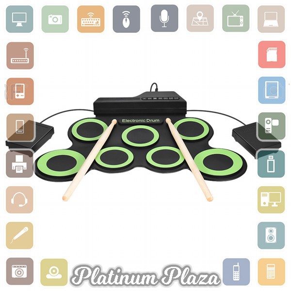 Ammoon Electronic Digital Drum Kit 7 Pads Roll Up USB Power - G3002 - Green`11Z7TP-