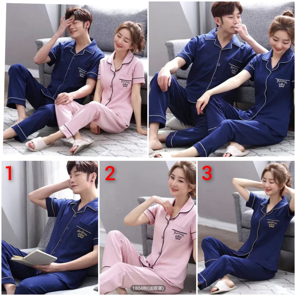 BAJU TIDUR PIYAMA CEWEK COWOK COUPLE CP KAOS TEBAL IMPORT BERKUALITAS MOTIF KRA KANCING LIMA LENGAN PENDEK SETELAN CELANA PANJANG WARNA PINK MERAH MUDA DAN BIRU NAVY TERBARU SIZE M-XXXL FIT TO 85KG