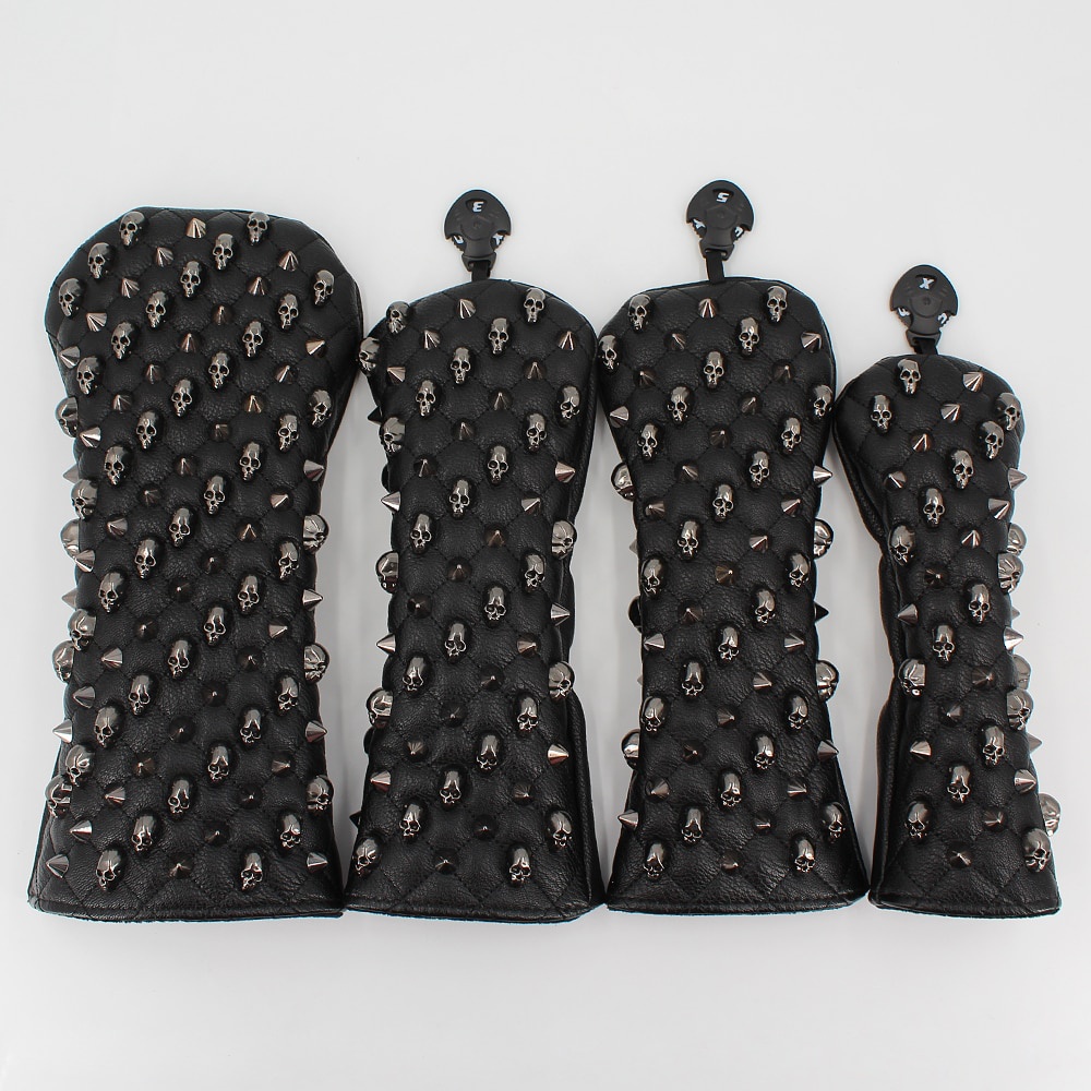 PREORDER Golf Penutup Kepala Tengkorak Paku Keling PU Kulit Golf Kepala Covers untuk Driver