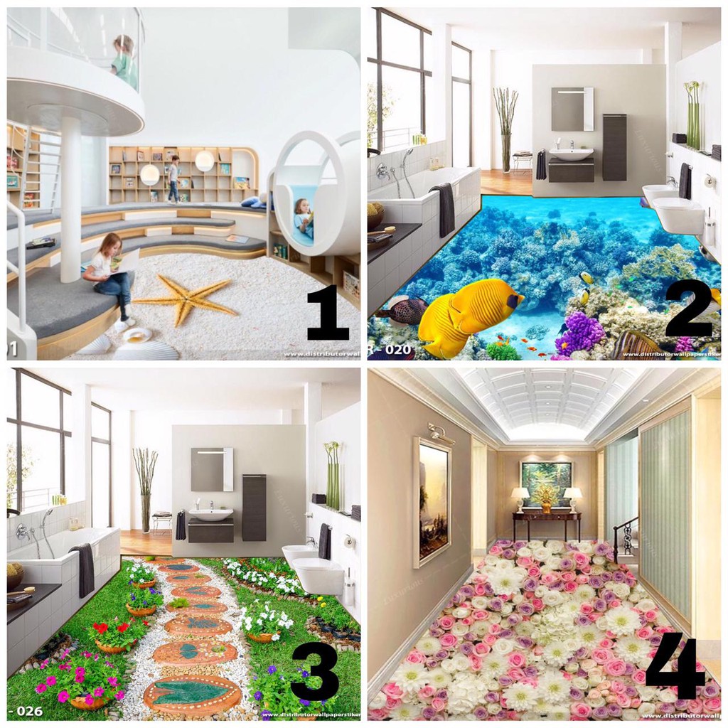 Wallpaper Custom 3D Lantai Walpaper Flooring Sticker Keramik Pvc Vinyl Stiker Ubin Ikan Lukisan Mura