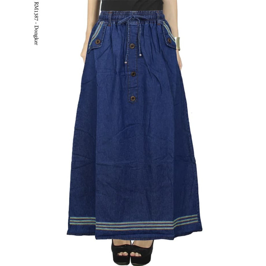 Rok Panjang Jeans Remaja Wanita Dewasa Motif List Jahit Rantai -