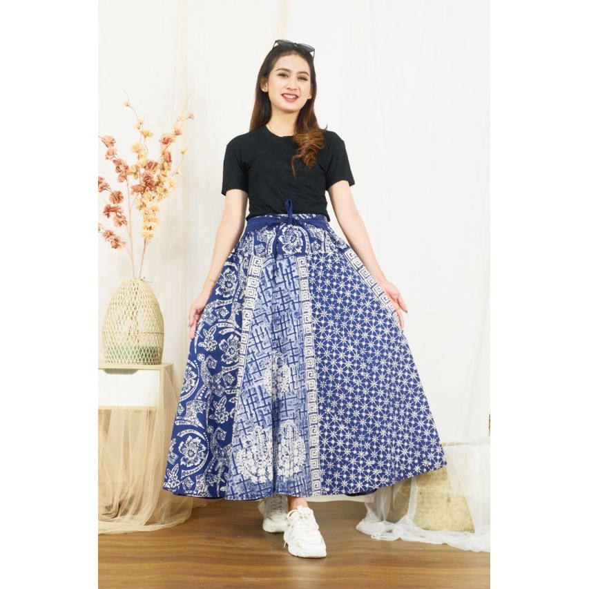 Rok Batik Cap Indigo Motif Seling Biru Kombinasi Bawahan Formal Wanita Casual Kantoran Katun Premium