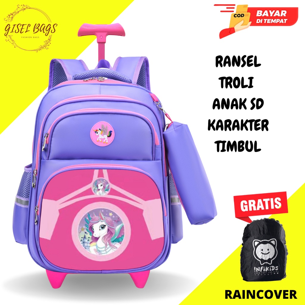 GB-Tas ransel troli anak perempuan SD tas ransel troli import gratis kotak pensil