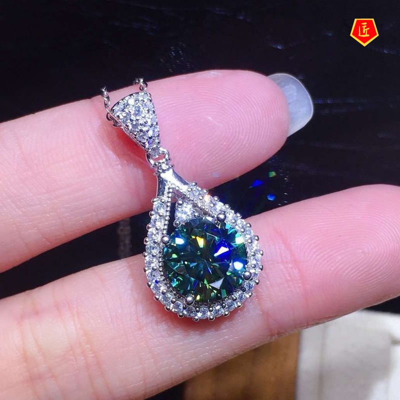 [Ready Stock]Blue Green Moissanite Pendant Necklace Elegant Fashion