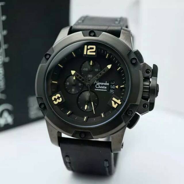 JAM TANGAN PRIA / COWOK ALEXANDRE CHRISTIE FULL BLACK TALI KULIT ORIGINAL - HITAM AC 6295 LAKI