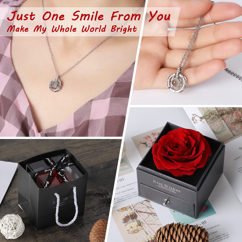 Topspot Diawetkan Mawar Asli 925 Sterling Silver I Love You Kalung 100 Bahasa Buatan Tangan Kalung Hadiah Set I  untuk Gadis Wanita Hari Ibu Ulang Tahun Ulang Tahun Hari Valentine Natal Bunga Mawar Asli Paket Hadiah Set Merah