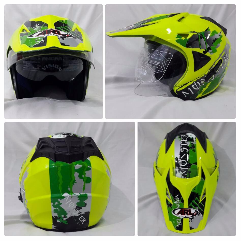 Helm ARL Semi Cross HF Double Visor Monster Energy Kuning Stabilo.