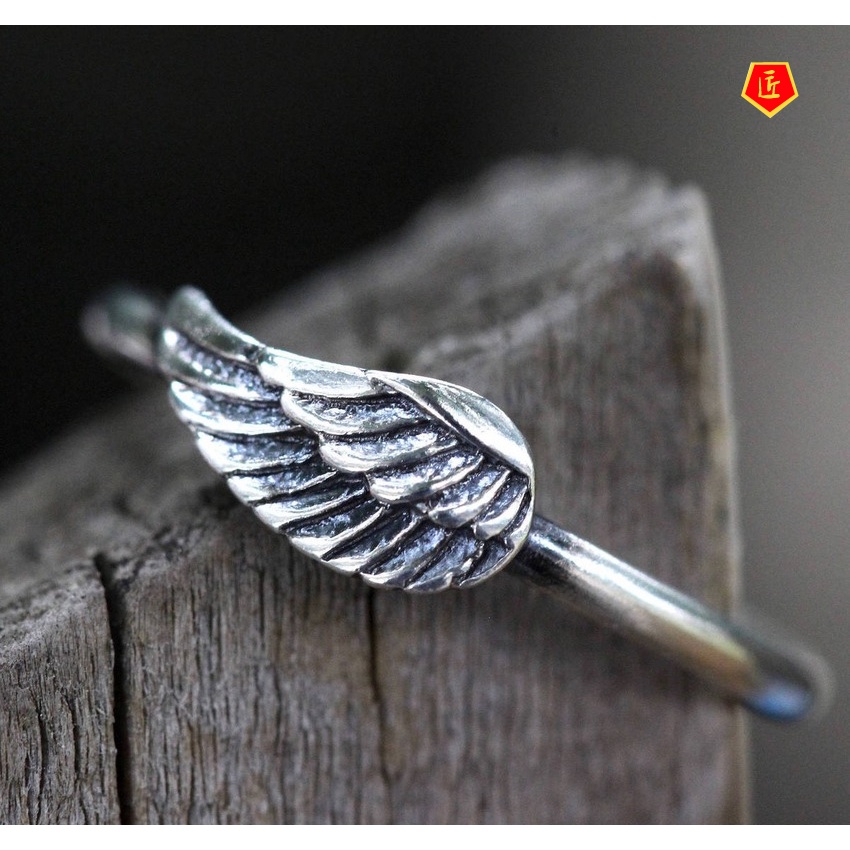 [Ready Stock]S925 Vintage Silver Owl Ring Love Feather Wings