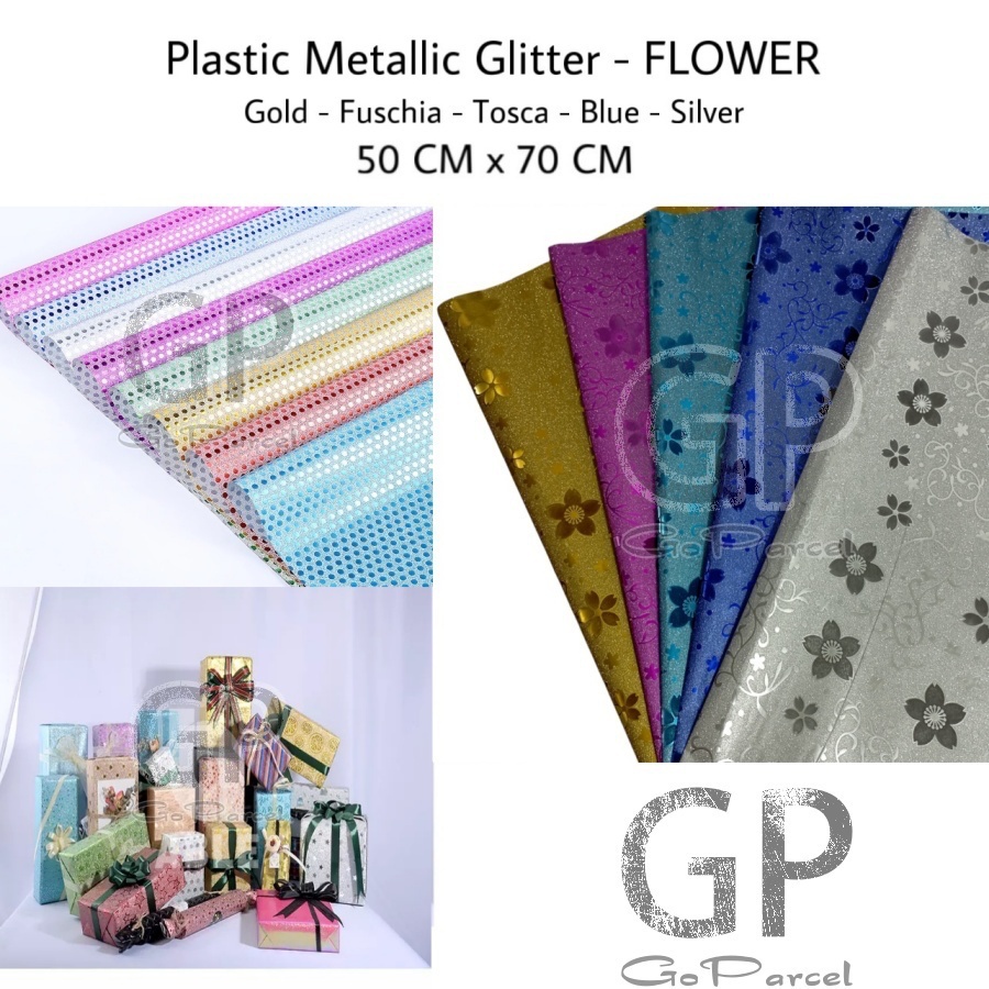 ( 3 Lembar ) PLASTIC METALLIC GLITTER - FLOWER - GIFT WRAPPING PLASTIK METALIK BUNGA ROSE STAR BINTANG TULIPS