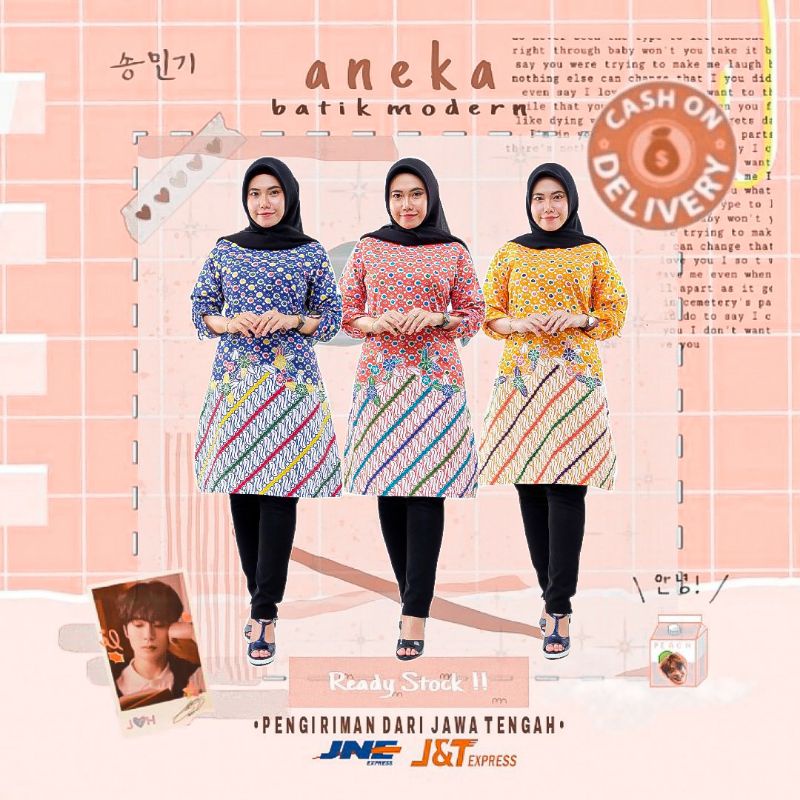 TUNIK BATIK WANITA WARNA BIRU NAVY MERAH KUNING KONDANGAN KERJA KANTOR