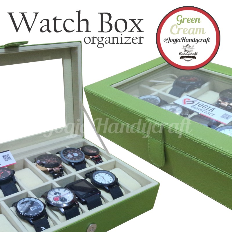 (PROMO) FULL COLOR Kotak Tempat Jam Tangan Isi 12 / Box Jam / Watch Box /  Wadah Jam-Hijau dlm Krem