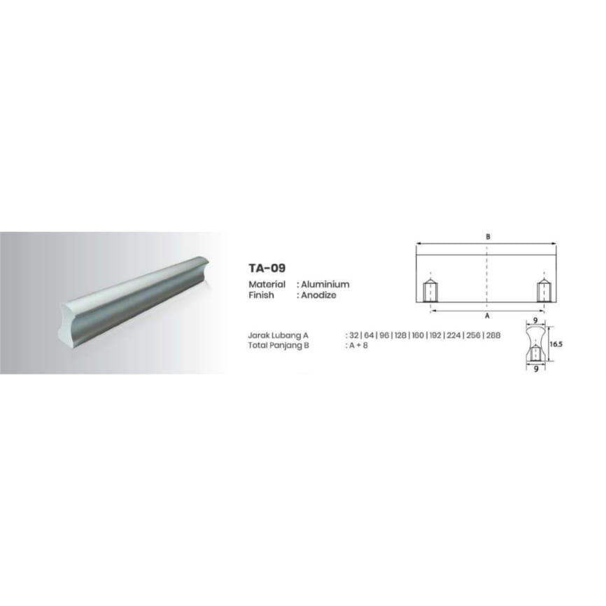 Handle Aluminium Pegangan Tarikan Laci Lemari Mebel Kitchen Set Huben TA 09 Anodize