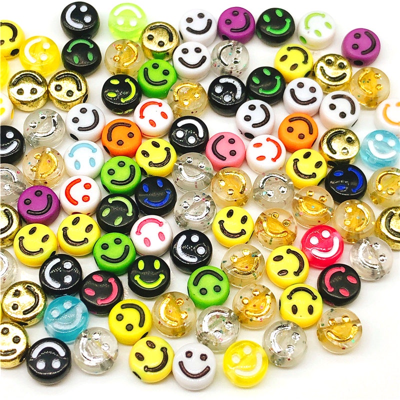 100pcs Manik-Manik Bulat Bahan Plastik Akrilik Transparan Motif Huruf Smile Ukuran 6mm