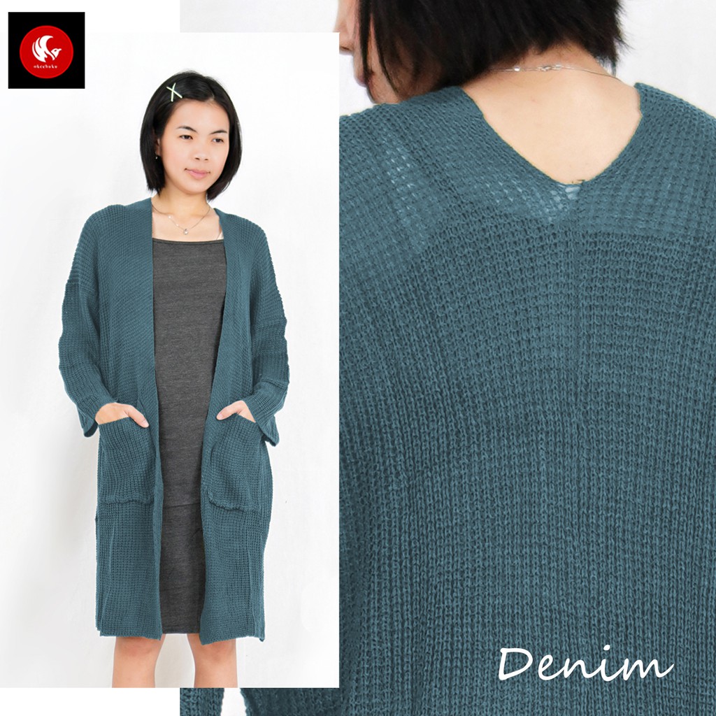 OKECHUKU Lavella Long Cardigan Wanita Outer Wanita Cardigan Rajut Oversize-Denim