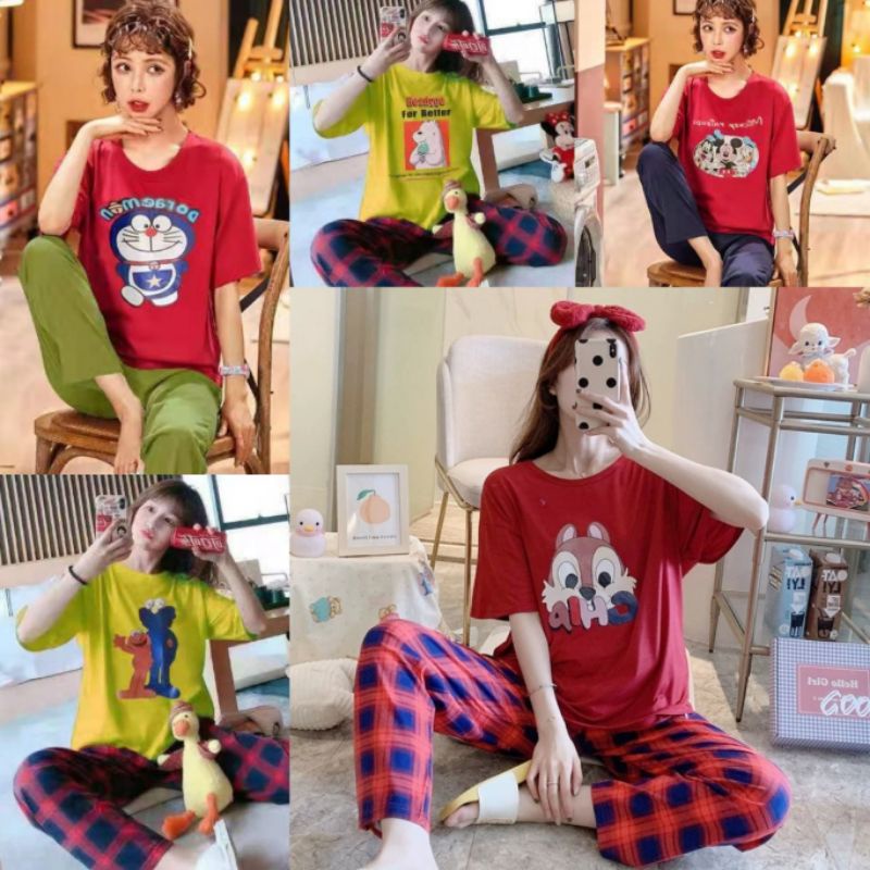 PIYAMA CP WANITA IMPORT SPANDEK/BAJU TIDUR/PIYAMA LENGAN PENDEK