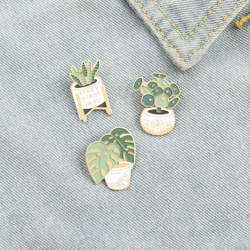 Pin Bros Enamel Bentuk Tanaman Hijau Pot Untuk Teman